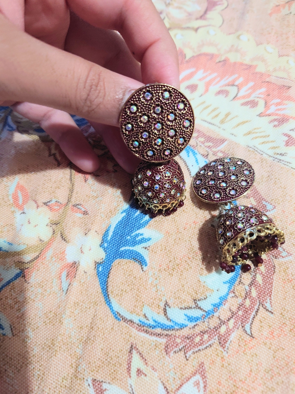 Antique Gold-Tone Maroon Earrings,Engraved Floral Style Detailing,Stones/Beads